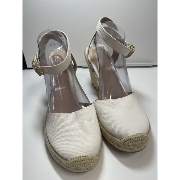 Stuart Weitzman Canvas Wedge Espadrilles In Cream W/Crystal Buckle Sz 10.5 New - Picture 2 of 12
